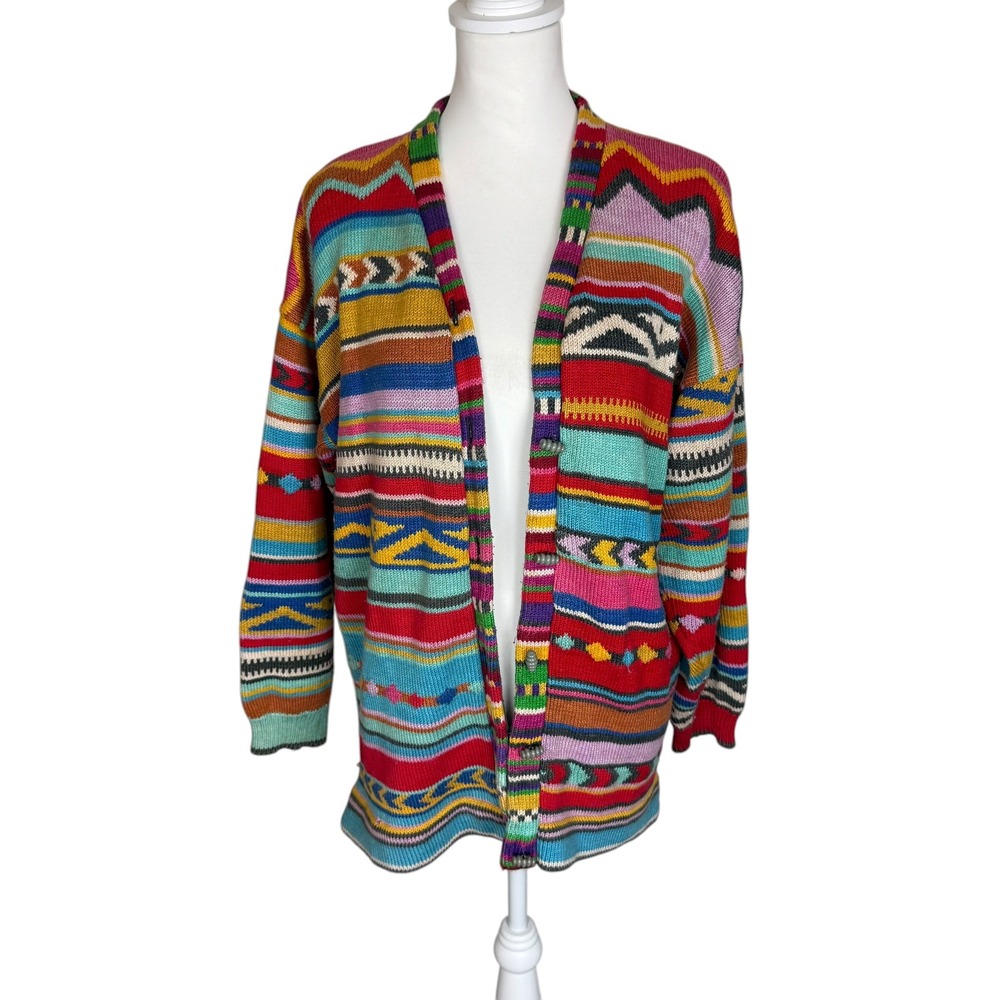 Christine Foley Vintage Multi Color Geometric Intarsia Cotton Cardigan Size 2 L